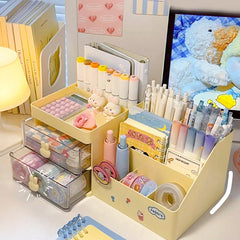 Ihomed Multifunctional Kawaii Pen Holder Organizer Desktop Stationery Pencil Storage Box Drawer Desk Cute Ins Multi-layer Storage Box