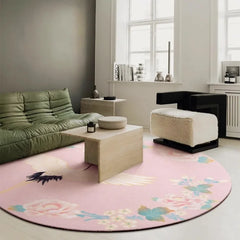 Ihomed Retro Round Living Room Carpets Pink Ethnic Style Bedroom Carpet Crane Flower Girl Room Rug Luxury Art Easy To Care Rugs