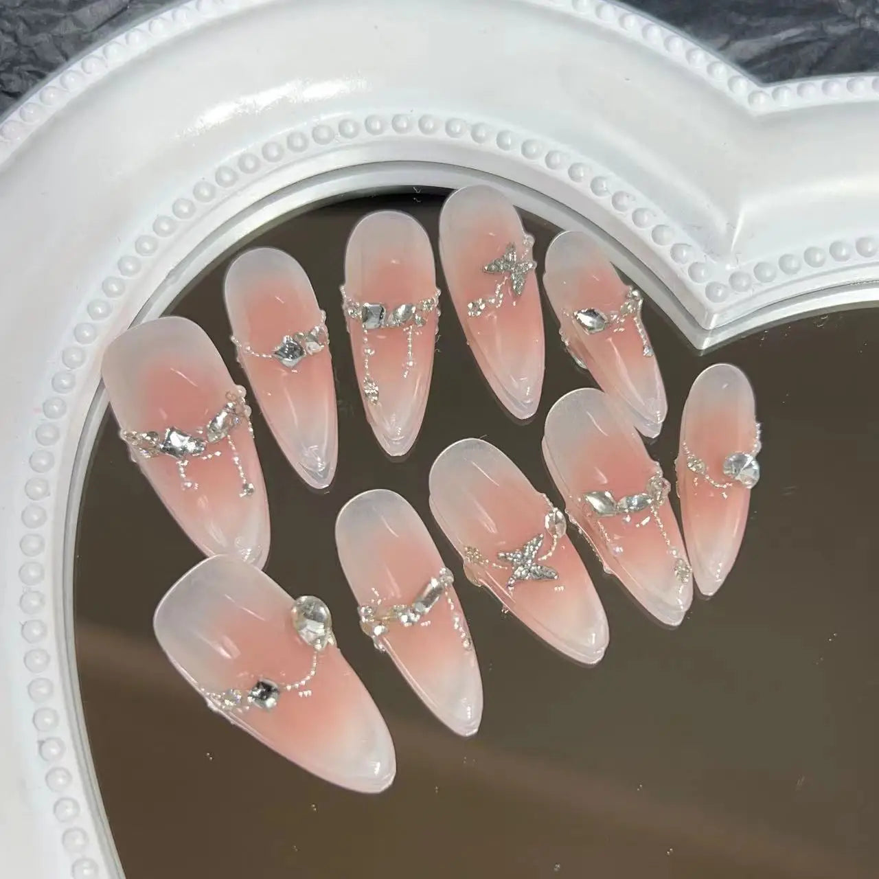 Ihomed 10Pcs Almond Handmade Nude Press on Nails Gradient Rhinestone Decoration False Nails Simple Wearable Manicure Fake Nail Tips