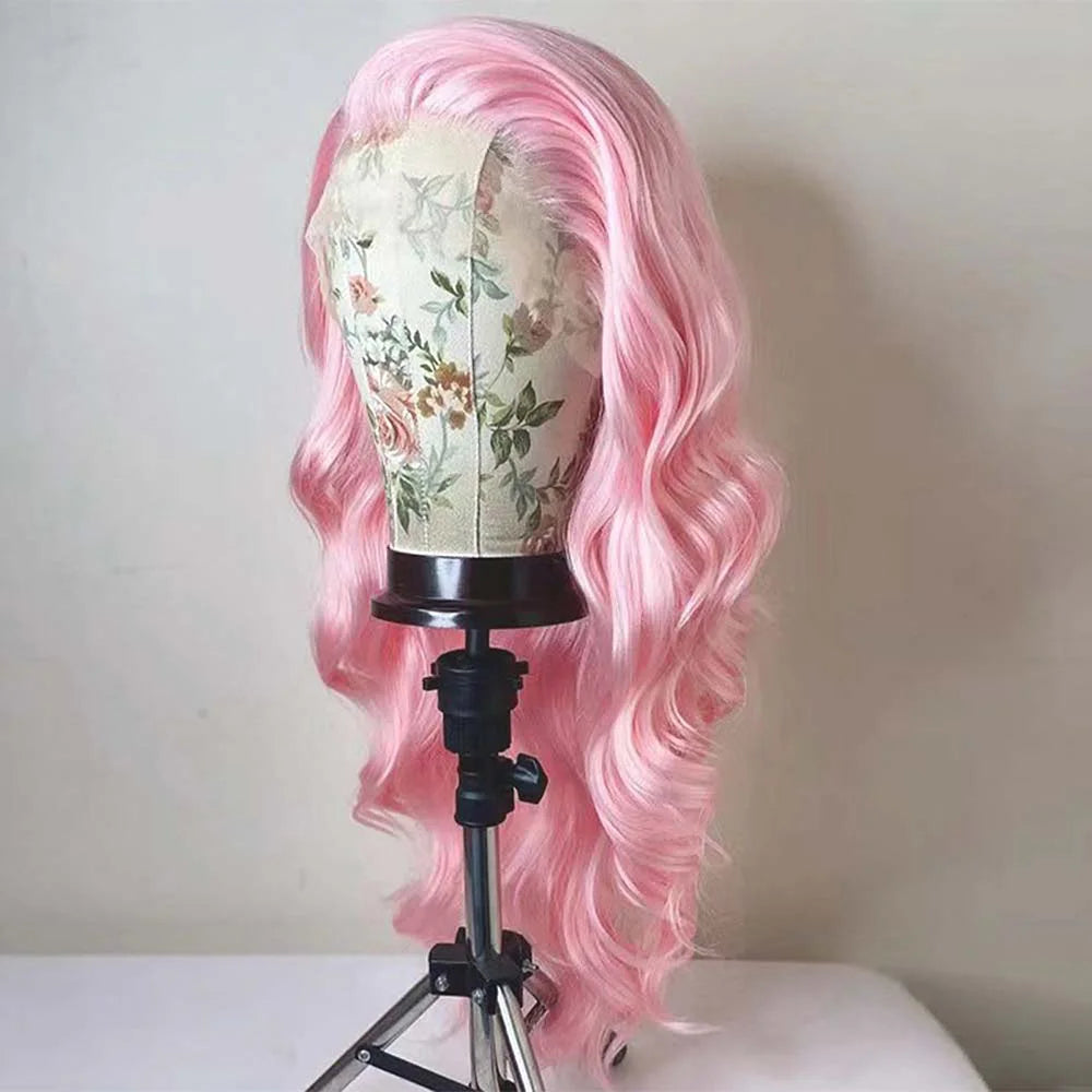 Ihomed Light Pastel Pink Lace Front Synthetic Frontal Wigs for Women Long Wavy Loose Wave Curly Hair Wig Daily Party Cosplay