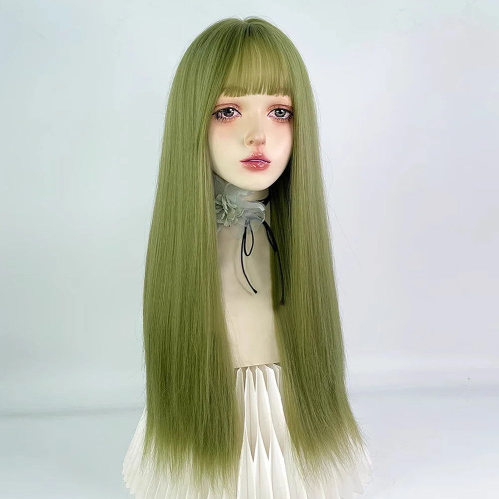 Ihomed Green Long Straight Synthetic Women Wig with Bangs Lolita Cosplay Fluffy Hair Heat Resistant Wig for Daily Party