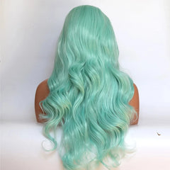 Ihomed Body Wave Mint Green Synthetic Transparent Lace Front Wigs Long Wavy Natural Hairline Glueless Heat Resistant for Cosplay Hair