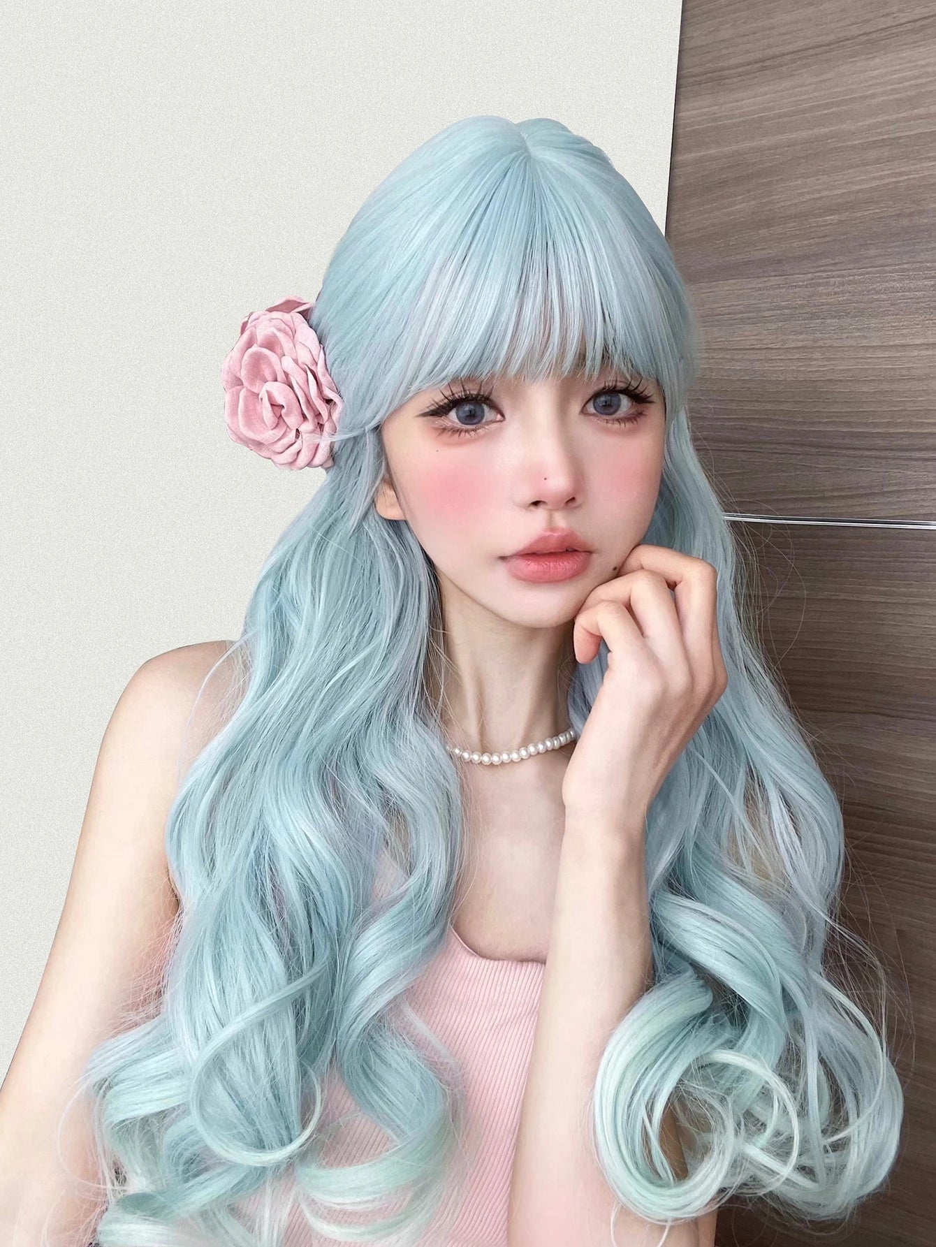 Ihomed 24Inch Sky Blue Refreshing Lolita Synthetic Wigs With Bang Long Natural Wavy Hair Wig For Women Daily Cosplay Heat Resistant