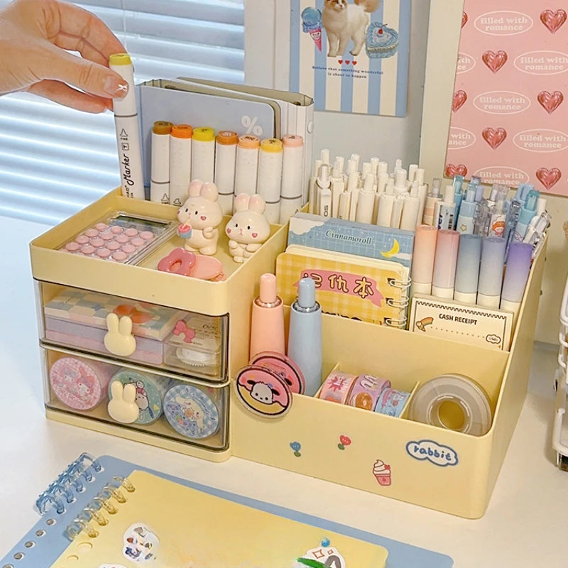 Ihomed Multifunctional Kawaii Pen Holder Organizer Desktop Stationery Pencil Storage Box Drawer Desk Cute Ins Multi-layer Storage Box