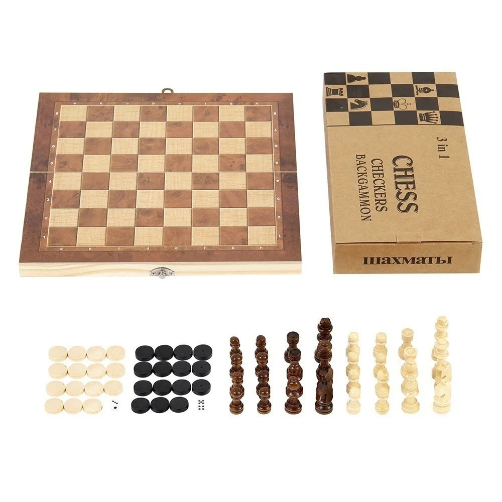 Ihomed Foldable International Chess 3-in-1 Wooden Chess Set Toy Educational Brain Training Board Game for Children High-end Gift