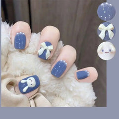 Ihomed 24PCS/Box Bowknot Rabbit Pattern Pearl Short Square Designer Fashion Design French Style Full Covering Pressed Fake Nails