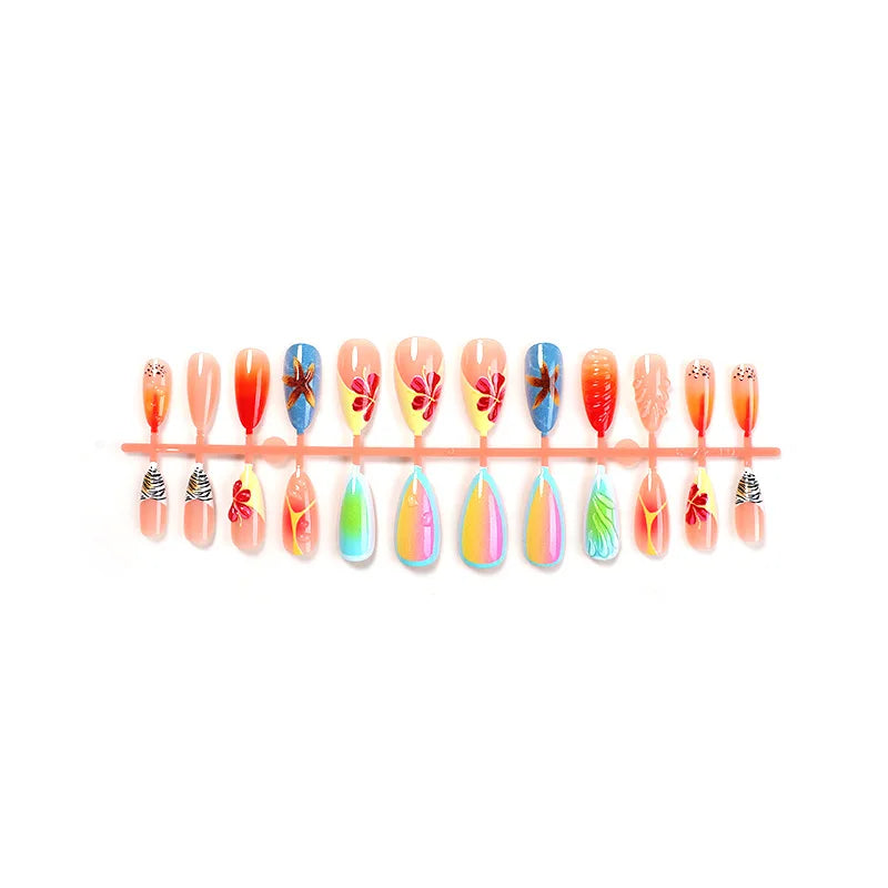 Ihomed 24pcs Ins 3D Starfish Shell Decor Fake Nails Ocean Gradient Press on Nails Full Cover Wearable French Almond False Nail Tips