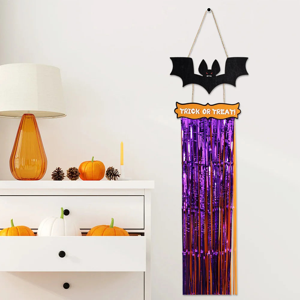 Ihomed Halloween Decoration Wooden Sign Home Decoration Rain Silk Tassel Hanging Bat Witch Hat Wooden Door Hanging Wall Hanging