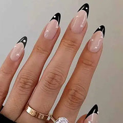 Ihomed 24Pcs Simple Round Head Fake Nails Long Almond False Nails with Rhinestone Black French Wearable Press on Nails Manicure Tips