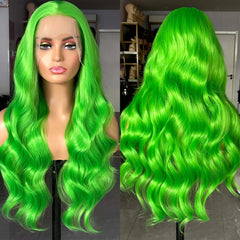 Ihomed Long Curly Wavy Neon Green 13x4 Lace Front Wigs for Women Synthetic Hair Loose Body Wave Frontal Cosplay Party Colored Wigs