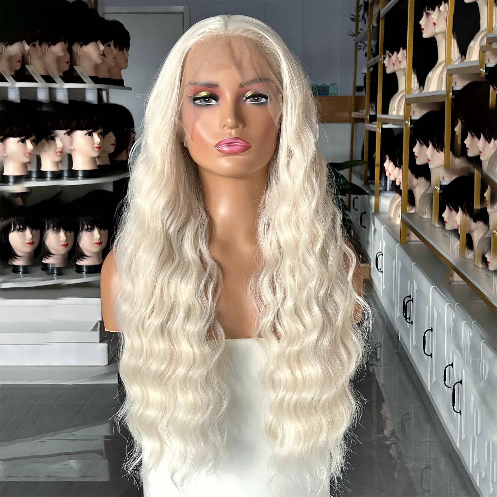 Ihomed Long Wavy White Blonde Hair Synthetic Lace Front Wig for Women Natural Loose Curly Platinum Blonde 13X4 Frontal Wigs for Women