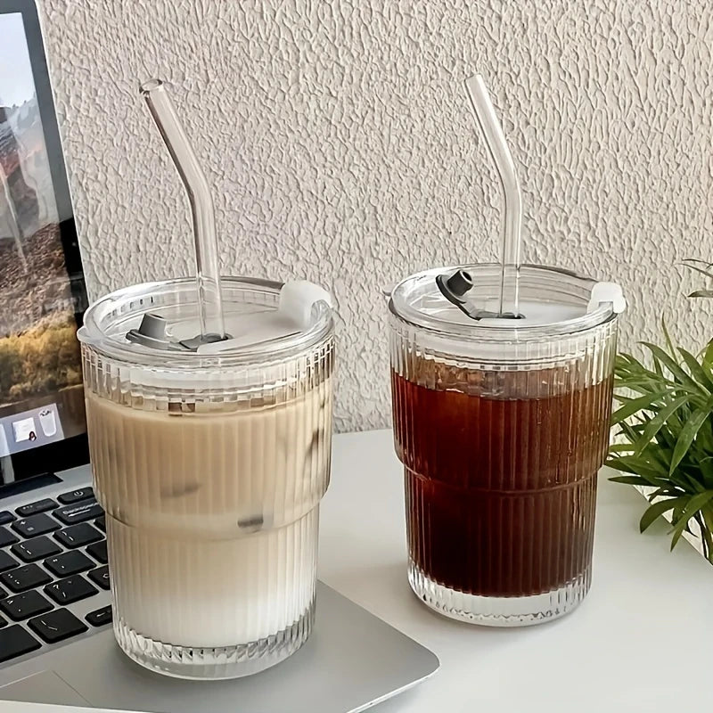 Ihomed 1pc 450ml Stripe Glass Cup Transparent Glasses With Lid and Straw Ice Coffee Mug Tea Cup Juice Glass Milk Water Cup Drinkware