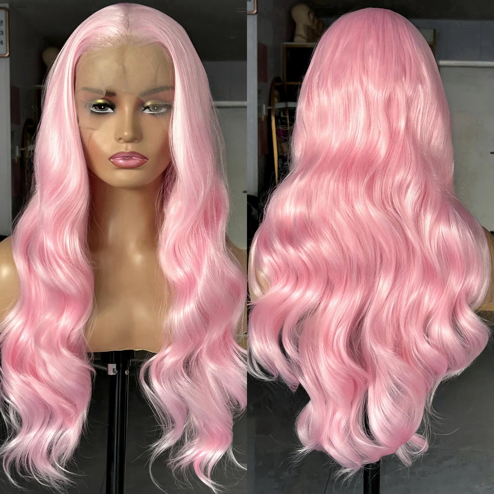 Ihomed Long Wavy Hair Light Pink Synthetic Lace Front Wig Natural Loose Body Wave Frontal Pastel Pink Colored 13X4 Curly Wigs for Women