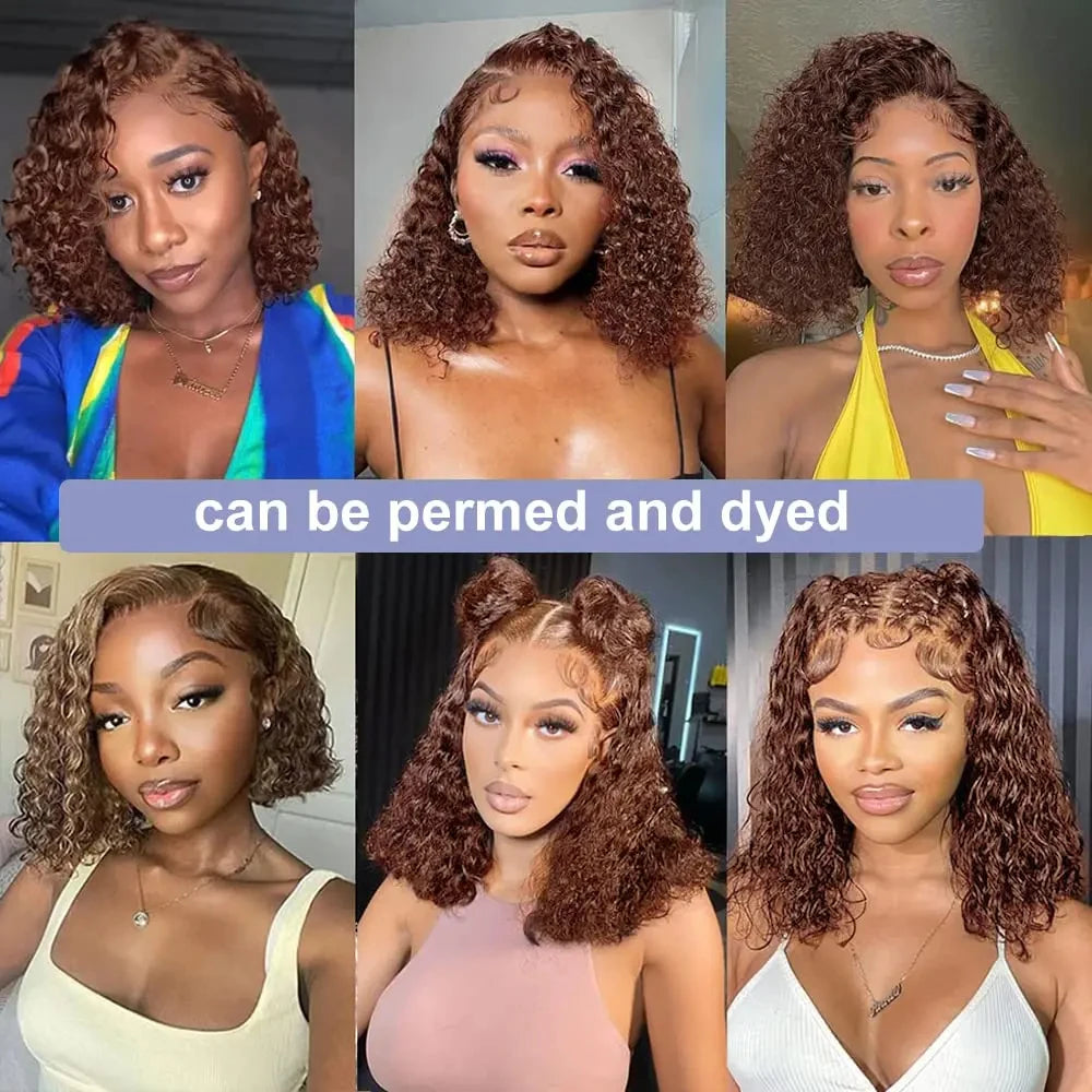 Ihomed Brazilian 250% Chocolate Brown #4 Bob Wig Water Wave Lace Frontal Human Hair Wigs Colored Curly 13x6 Lace Bob Wigs For Women