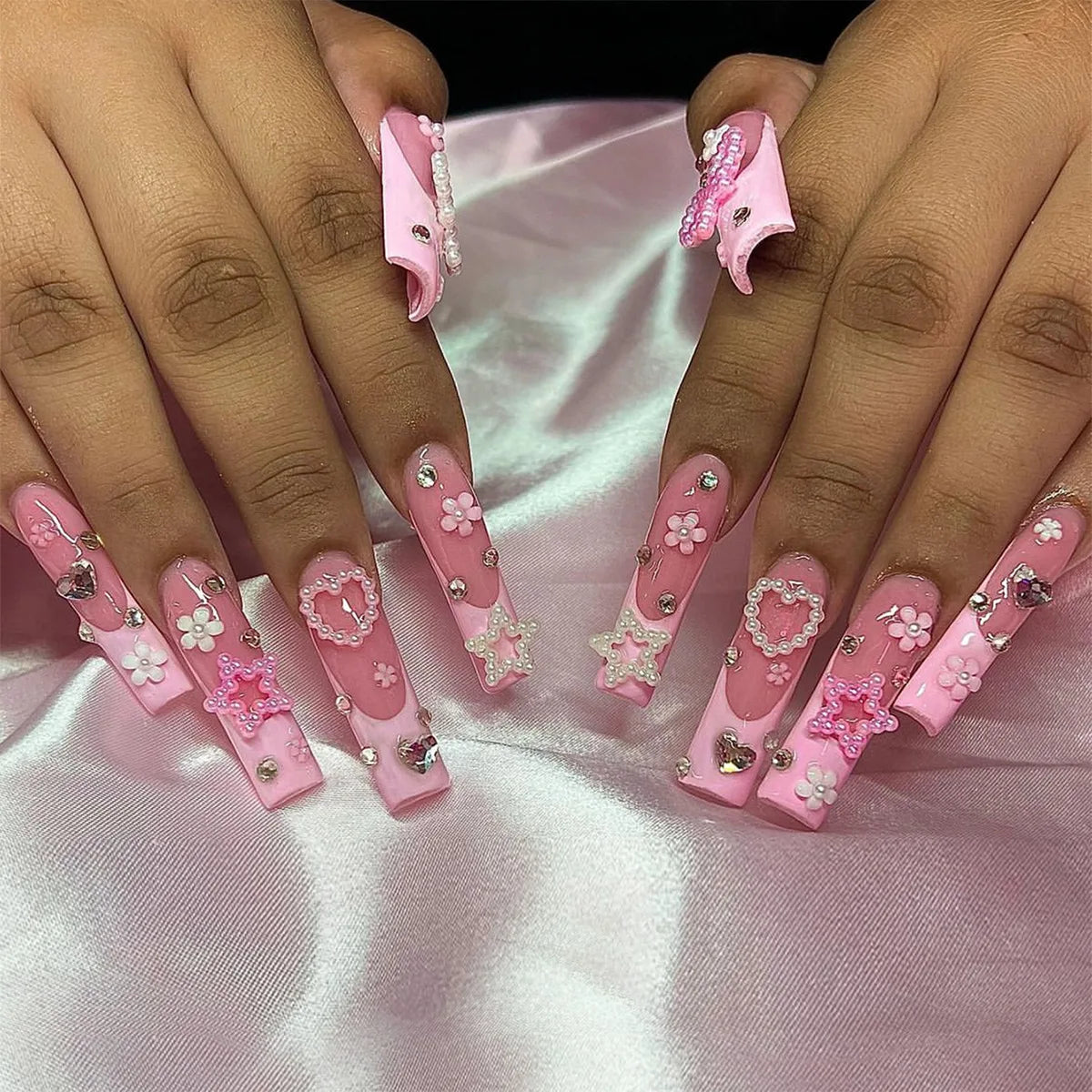 Ihomed 24Pcs Long Ballet French False Nail Star Heart Bow Pearl Coffin Design Press on Nail Pink Base with Diamond Removable Nail Tips