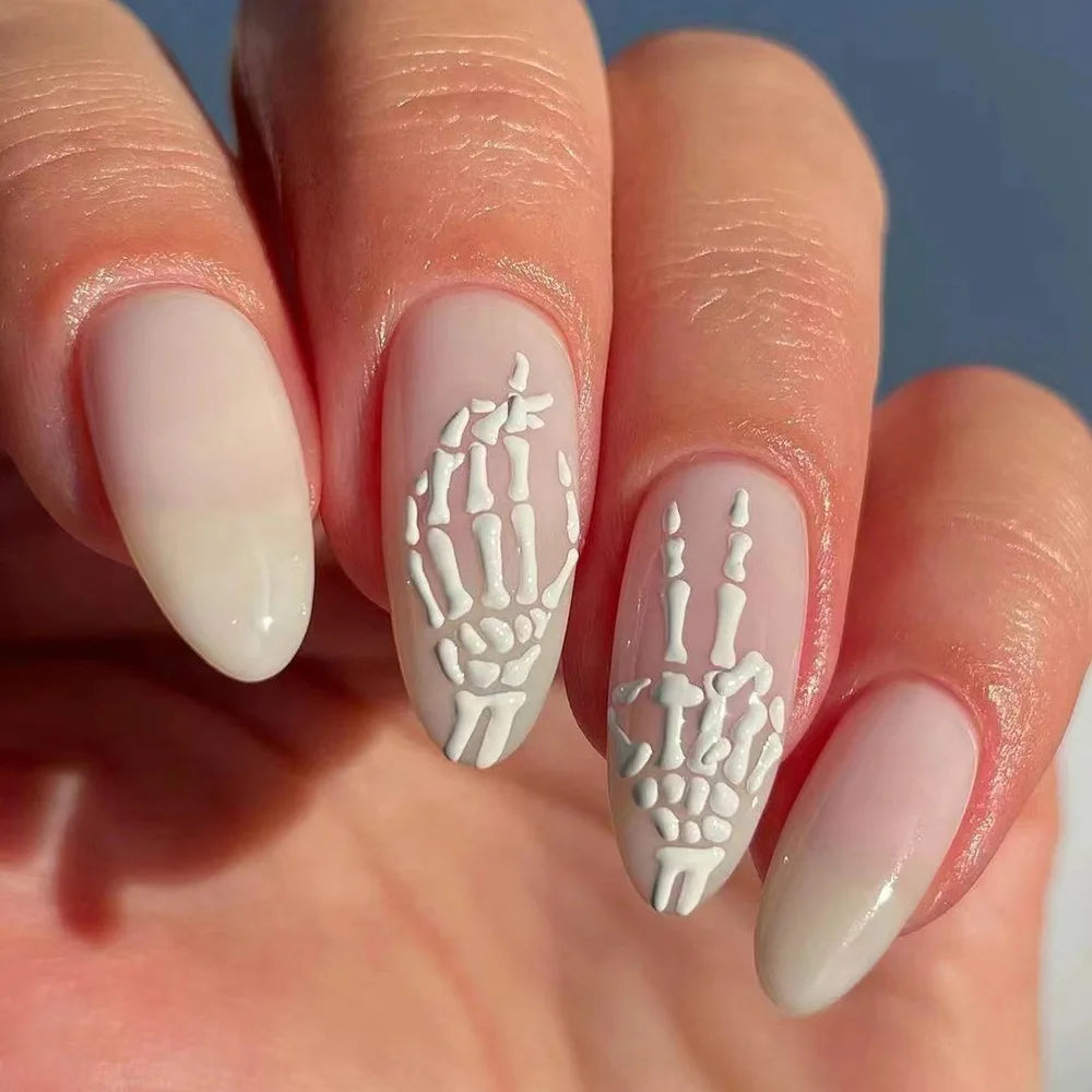 Ihomed 24pcs Skeleton Hand Design Press on Nails Simple White Almond Fake Nails Full Cover Wearable Halloween Manicure False Nail Patch