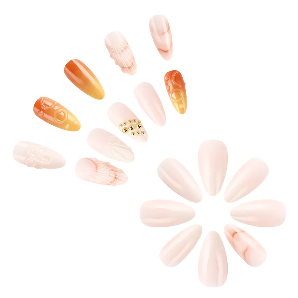 Ihomed 24pcs 3D Ocean Shell Series Press on Nails Gradient Almond False Nails Wearable Full Cover European Sweet Girl Press on Nails