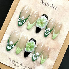 Ihomed 10pcs Handmade Press on Nails Green Flower hand-painted Design False Nail Full Cover Wearable INS French Almond Fake Nail Tips