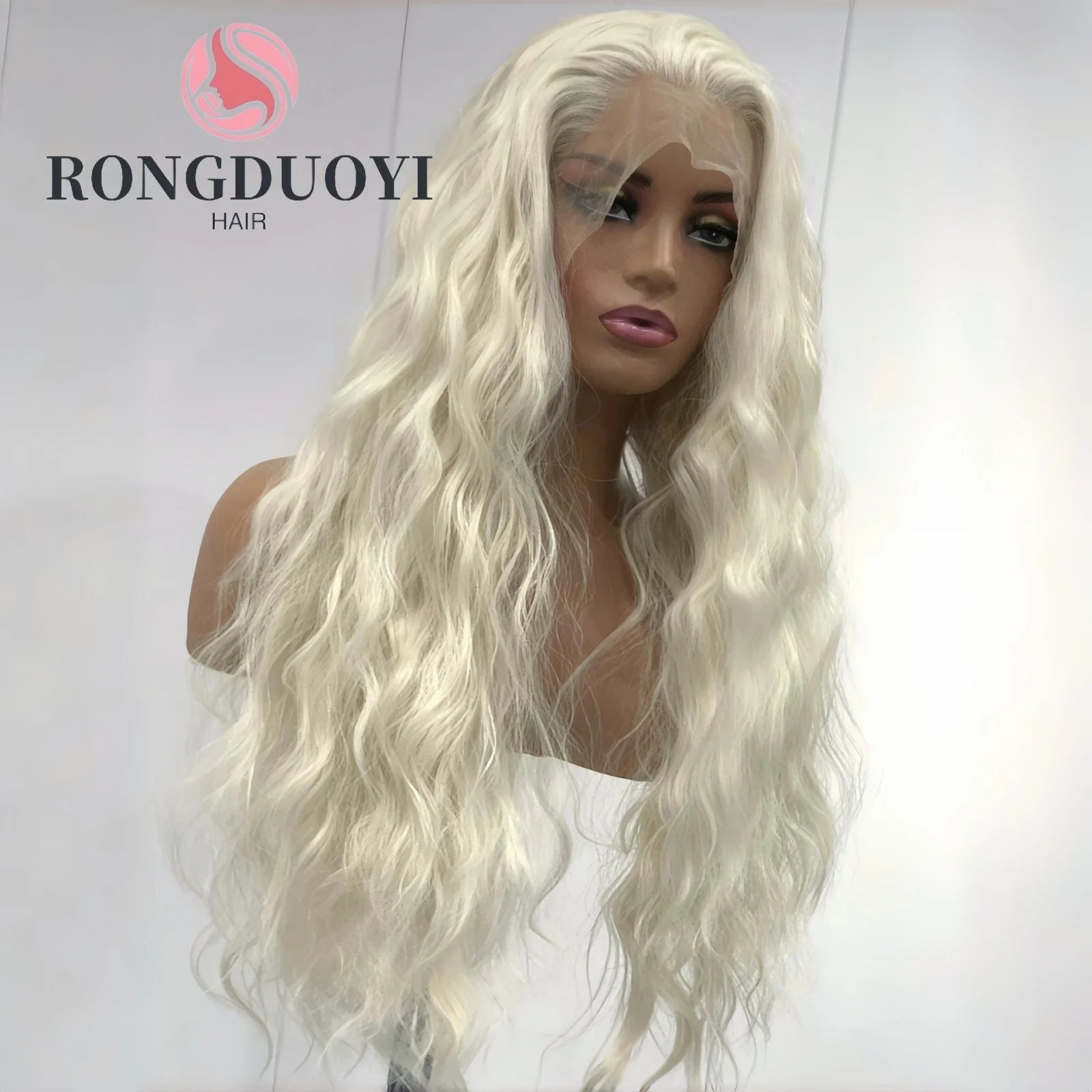 Ihomed Platinum Blonde Long Curly Synthetic Lace Front Wig Natural Wavy Deep Wave White Blond Colored Hair 13X4 Frontal Wigs for Women