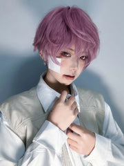 Ihomed 8Inch Purple Pink Color Handsome Synthetic Wigs With Bang Short Straight Hair Wig For Man or Women Daily Cosplay Heat Resistant