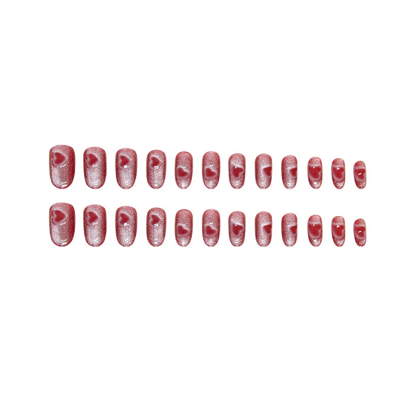 Ihomed 24pcs Sweet Love False Nails Crystal Cat Eye Shiny Press on nails Full Cover Wearable Fashion Rose Pink Round Head Fake nails