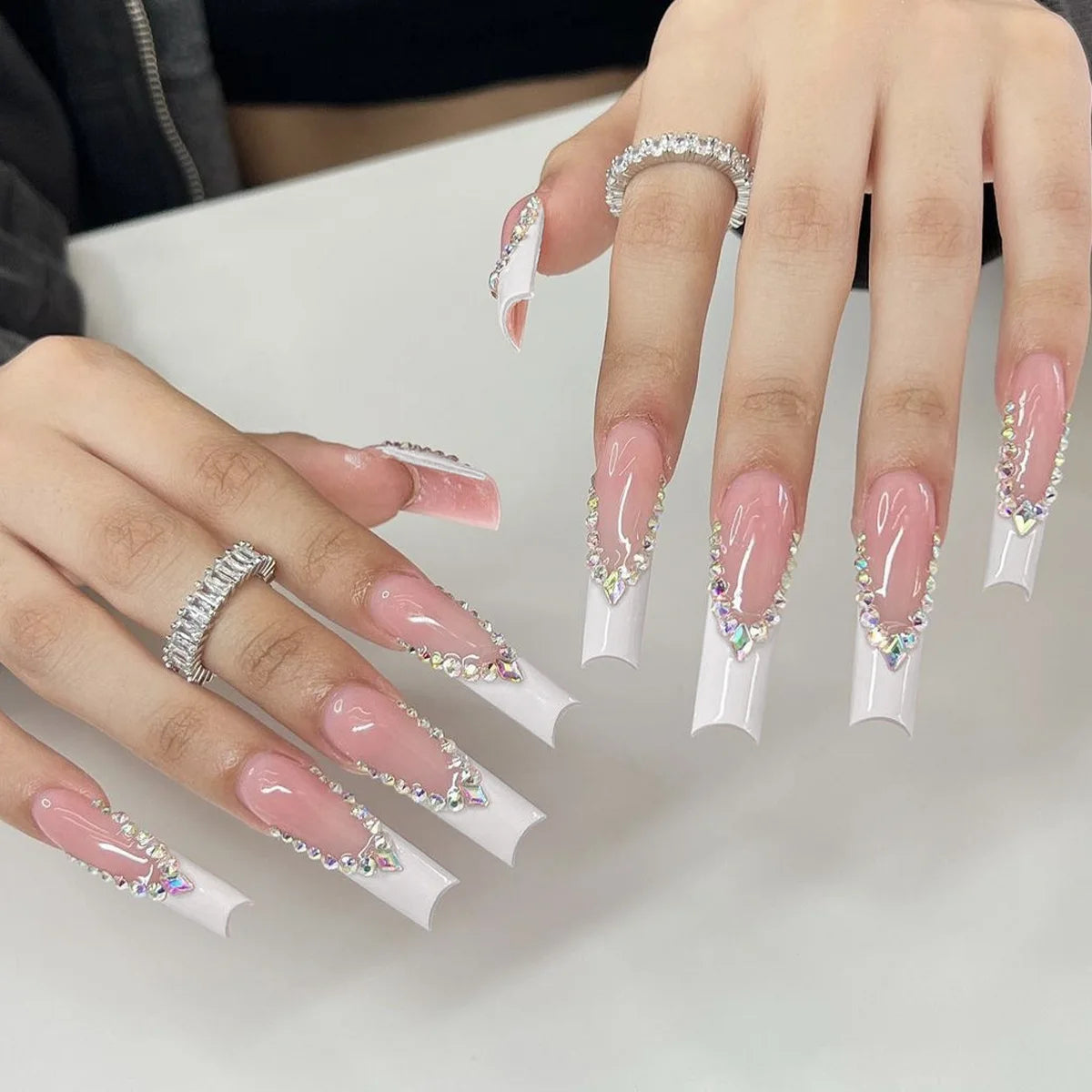 Ihomed 24Pcs Long Ballet French False Nail Star Heart Bow Pearl Coffin Design Press on Nail Pink Base with Diamond Removable Nail Tips