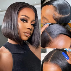 Ihomed 13x4 Blunt Cut Bob Wig Glueless Short Lace Front Human Hair Wigs Brazilian Bone Straight Bob Wigs Wear and Go Lace Closure Wigs