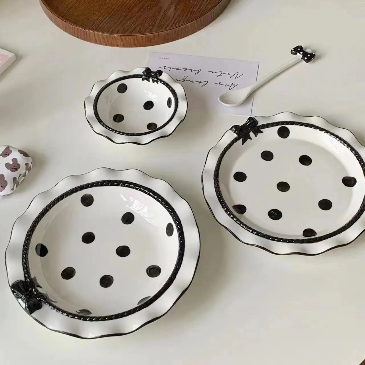 Ihomed Polka Dot Ceramic Bowls, Elegant Black and White Dessert Plate for Home, Sweets and Snacks, Adorable and Trendy Kitchenware