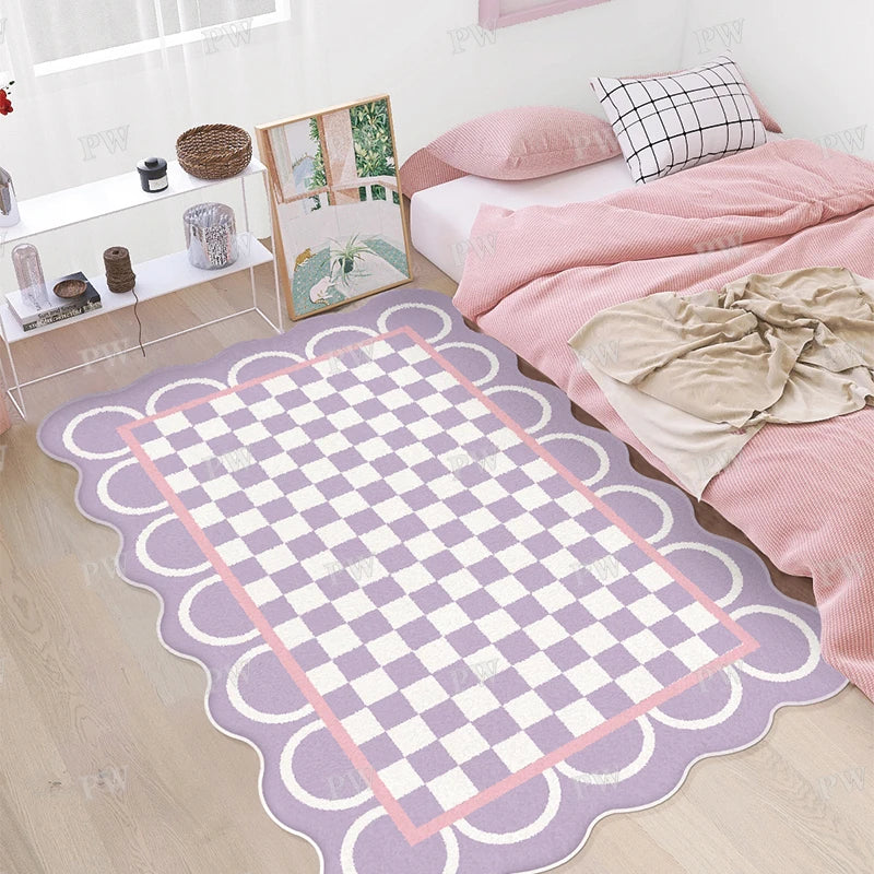 Ihomed carpet cute plaid irregular IG girly rugs large area bedroom carpet fluffy soft polyester floor mat decoration home