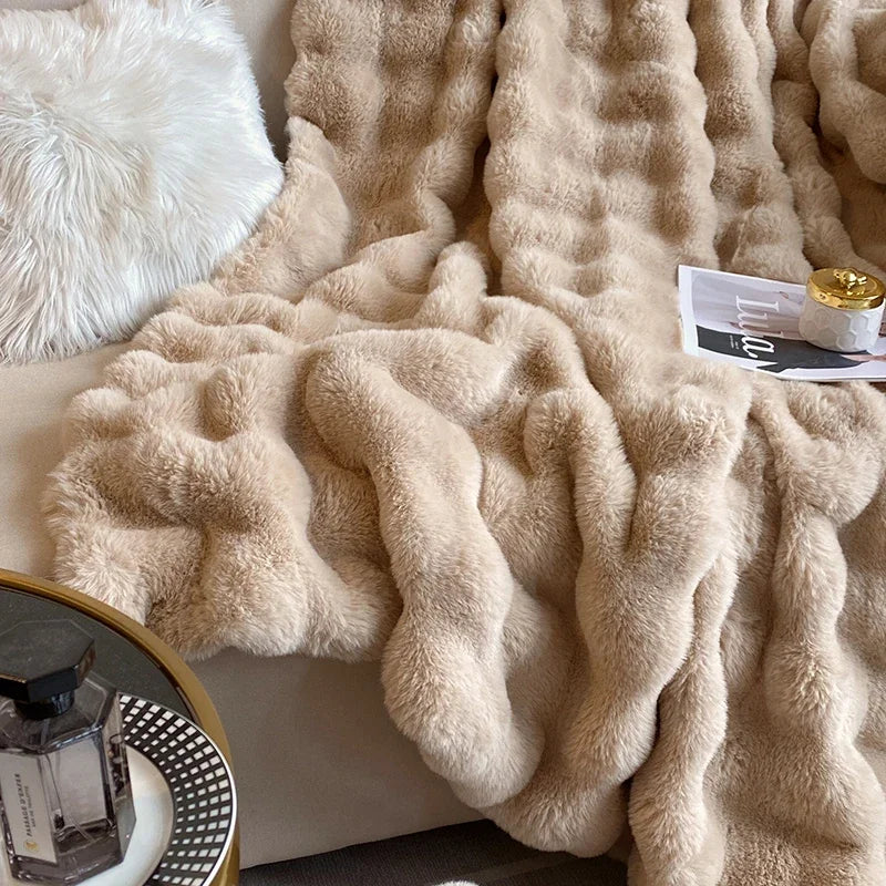 Ihomed luxury faux fur Blanket double-sided fluffy bubble Fleece bed Plaid sofa blankets plush sofa cover bedspreads for double bed