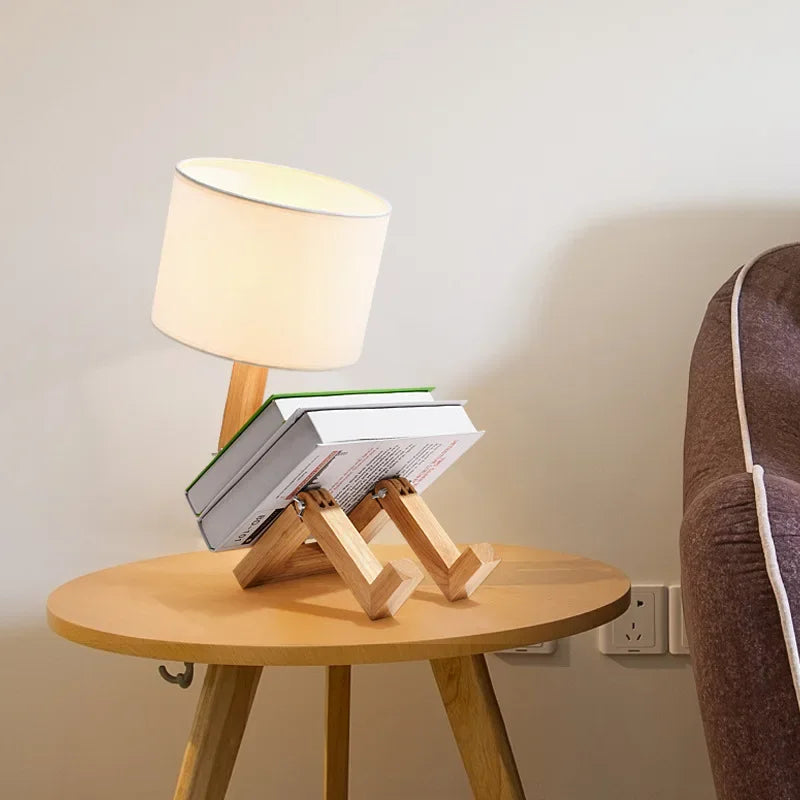 Ihomed Adjusted Robot Shape Table Lamp Wooden Fabric Bedroom Lamp Fold-able Desk Light for Living Room Study Room