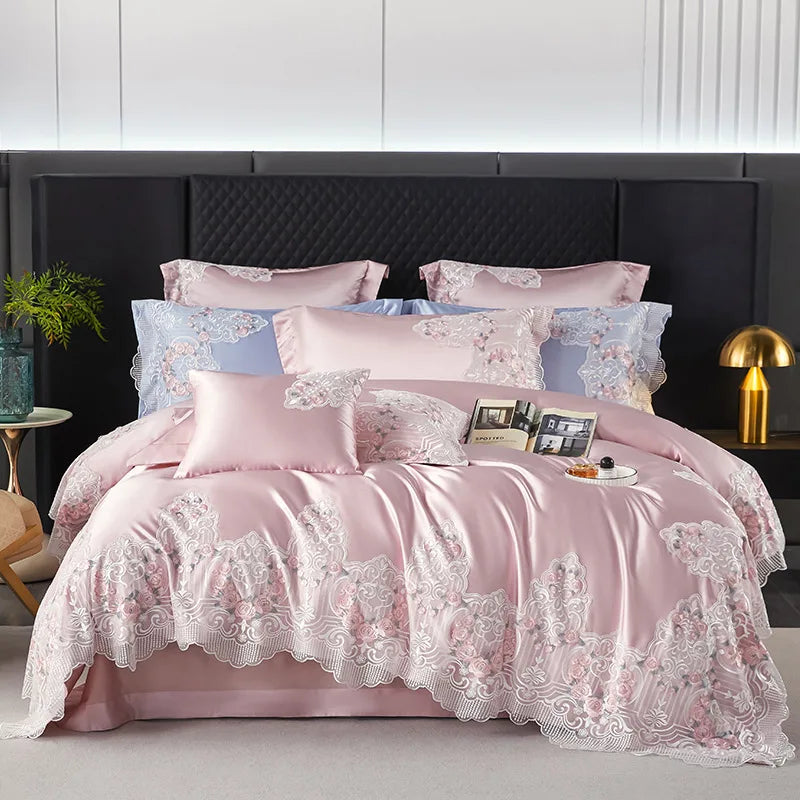 Ihomed High end Hotel Wedding Bedding Set Bed Linen Duvet Cover Set With Embroidery 600 Thread Long Staple Cotton Pink Princess 3/4 PCS