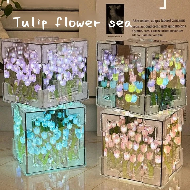 Ihomed DIY Tulip Mirror Cube Lamp Simulation Flower Bedroom Sleeping Table Lamp Handmade Craft Tulips Mirror Night Light Birthday Gift