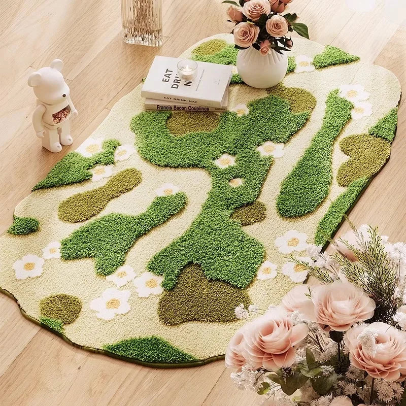 Ihomed Long Tufting Moss Bedroom Rug Soft Bedside Living Room Carpet Green Plants Floor Mat Anti Slip Foot Pad Aesthetic Home Decor