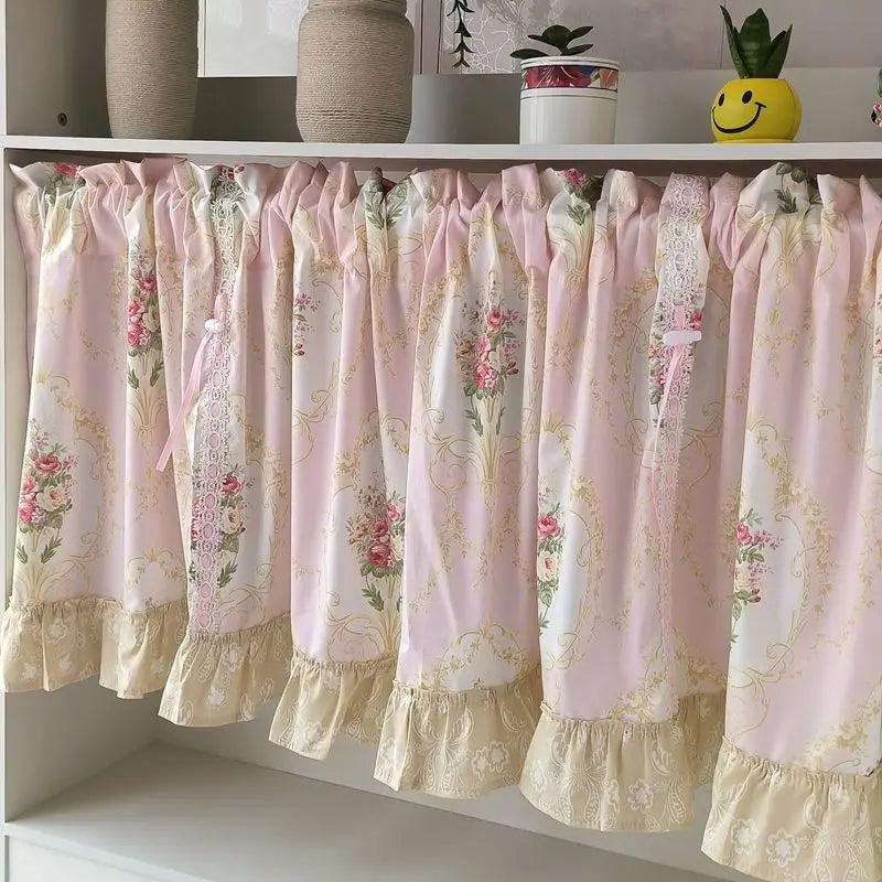 Ihomed Wave Pink Embroidered Flowers Window Valance Living Room Elegant Lace Curtain Valance Lace Tape Short Curtains Kitchen