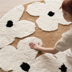 Ihomed Nordic Flowers Flocked Round Rugs Living Room Fluffy Area Rug Bedroom Bedside Anti-Slip Carpet Tufted Soft Floor Mat Home Decor