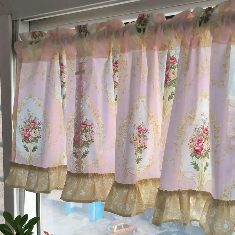 Ihomed Wave Pink Embroidered Flowers Window Valance Living Room Elegant Lace Curtain Valance Lace Tape Short Curtains Kitchen