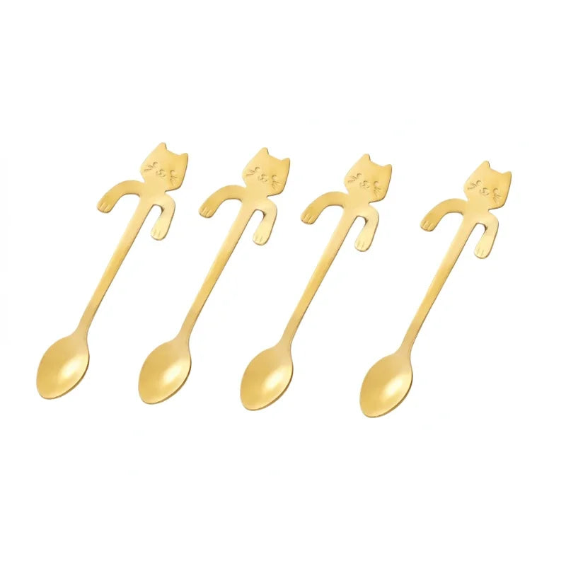 Ihomed 4pcs Stainless Steel Cute Cat Spoons Coffee Tea Ice Cream Teaspoons Spoon Dessert Snack Scoops Home Flatware Kitchen Accessories