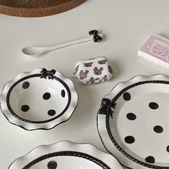 Ihomed Polka Dot Ceramic Bowls, Elegant Black and White Dessert Plate for Home, Sweets and Snacks, Adorable and Trendy Kitchenware