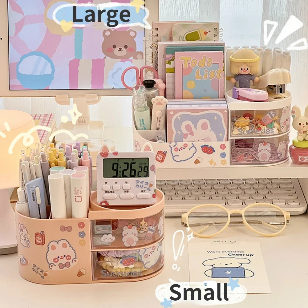 Ihomed Japanese-style Desktop Pen Holder Cute Multi-functional Large-capacity Partition Drawer Desktop Stationery Organizer Storage Box