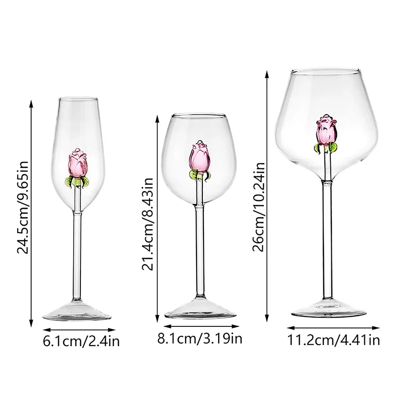 Ihomed 1 Pcs Creative 3D Pink Glass Rose Build-In Red White Wine Glasses Cup Elegant Goblet Champagne Household Valentine Gift