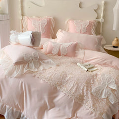 Ihomed Korean Princess Bedding Set Coquette Lace Bow  Beauty Solid Color Lace Ruffle Comforter Sets Luxury Girls Wedding  Duvet Cover