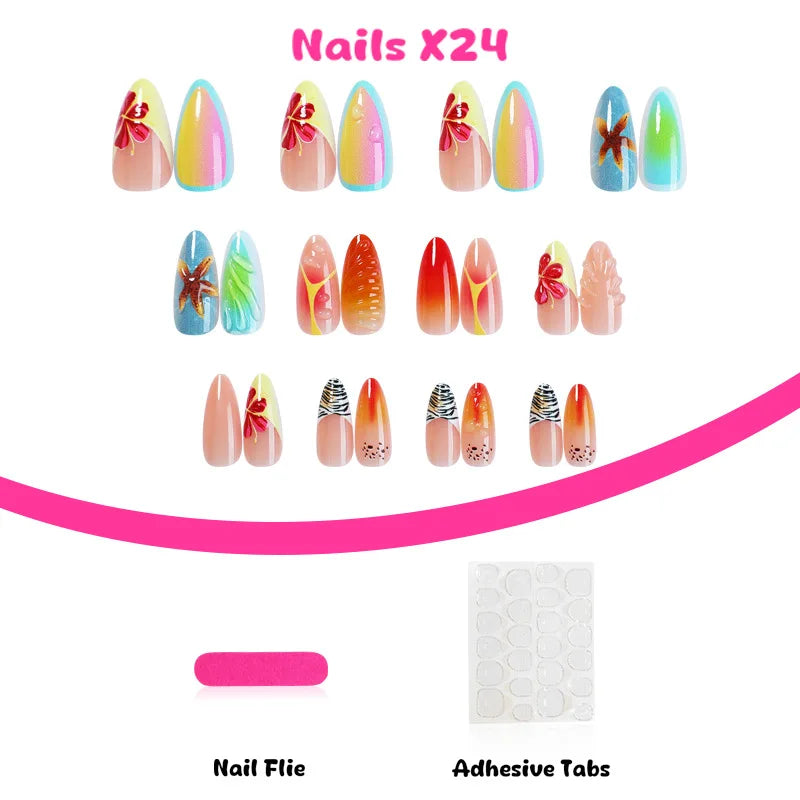 Ihomed 24pcs Ins 3D Starfish Shell Decor Fake Nails Ocean Gradient Press on Nails Full Cover Wearable French Almond False Nail Tips