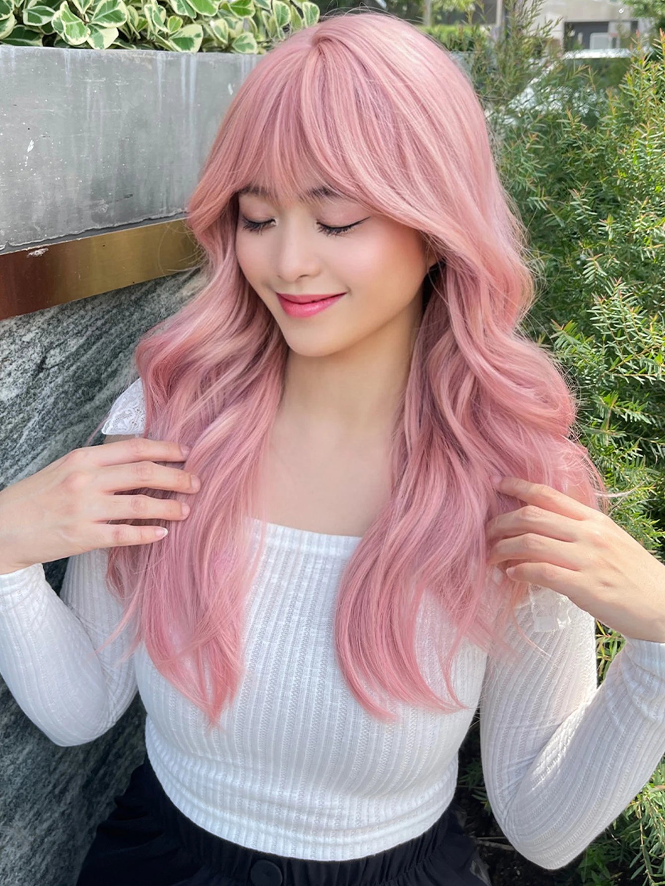 Ihomed 20Inch Peachy Pink Pretty Lolita Synthetic Wigs with Bang Medium Natural Wavy Hair for Women Daily Use Cosplay Heat Resistant