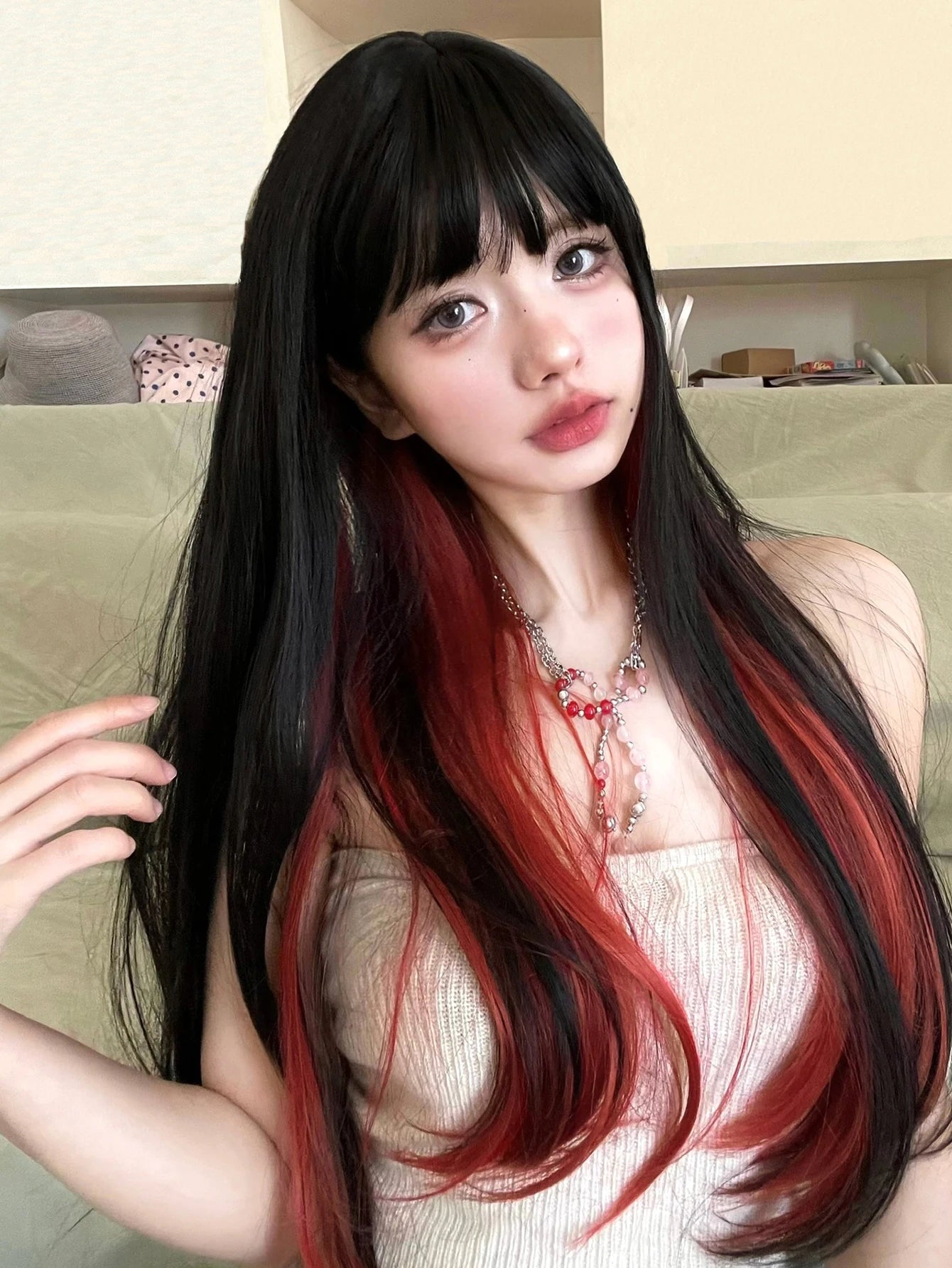 Ihomed 26Inch Black and Red Special Style Synthetic Wigs With Bang Long Straight Hair Wig For Women Daily Use Cosplay Heat Resistant