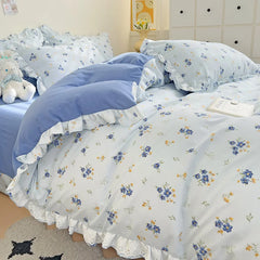 Ihomed Ins Style Floral Duvet Cover Set Flat Sheet Pillowcases No Filling Queen 200x230cm Romantic Girls Blue Bedding Flower Bed Linens