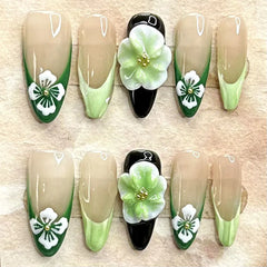 Ihomed 10pcs Handmade Press on Nails Green Flower hand-painted Design False Nail Full Cover Wearable INS French Almond Fake Nail Tips