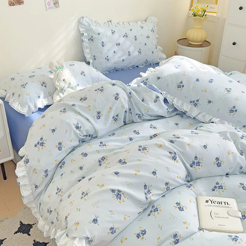 Ihomed Ins Style Floral Duvet Cover Set Flat Sheet Pillowcases No Filling Queen 200x230cm Romantic Girls Blue Bedding Flower Bed Linens