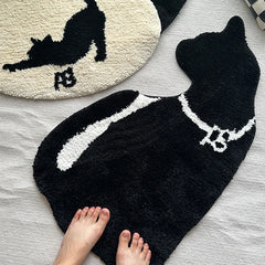 Ihomed Black White Tufting Cat Bathroom Mat Soft Rug Fluffy Bathmat Bedroom Carpet Floor Safety Tidy Pad Aesthetic Home Room Decor