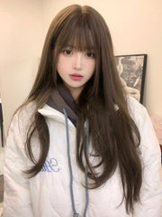 Ihomed 24Inch Cold Brown Synthetic Wigs With Bang Long Natural Straight Hair Wig for Women Daily Use Cosplay Heat Resistant Lolita